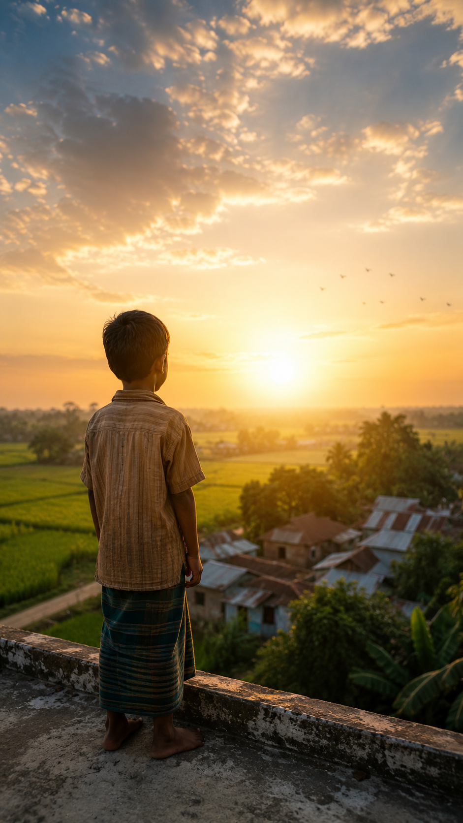 boy gazing at sunset over village